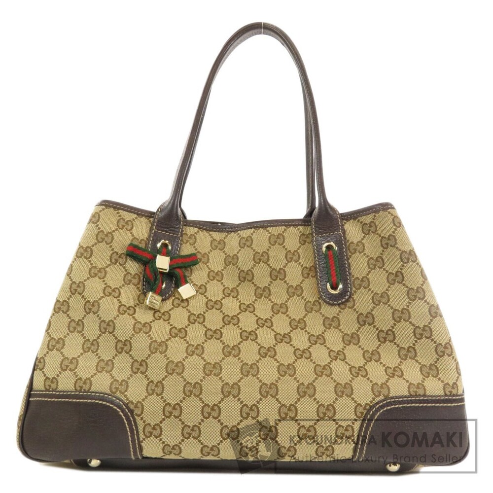 Gucci GG Princy Tote Bag beige ebony canvas brown leather